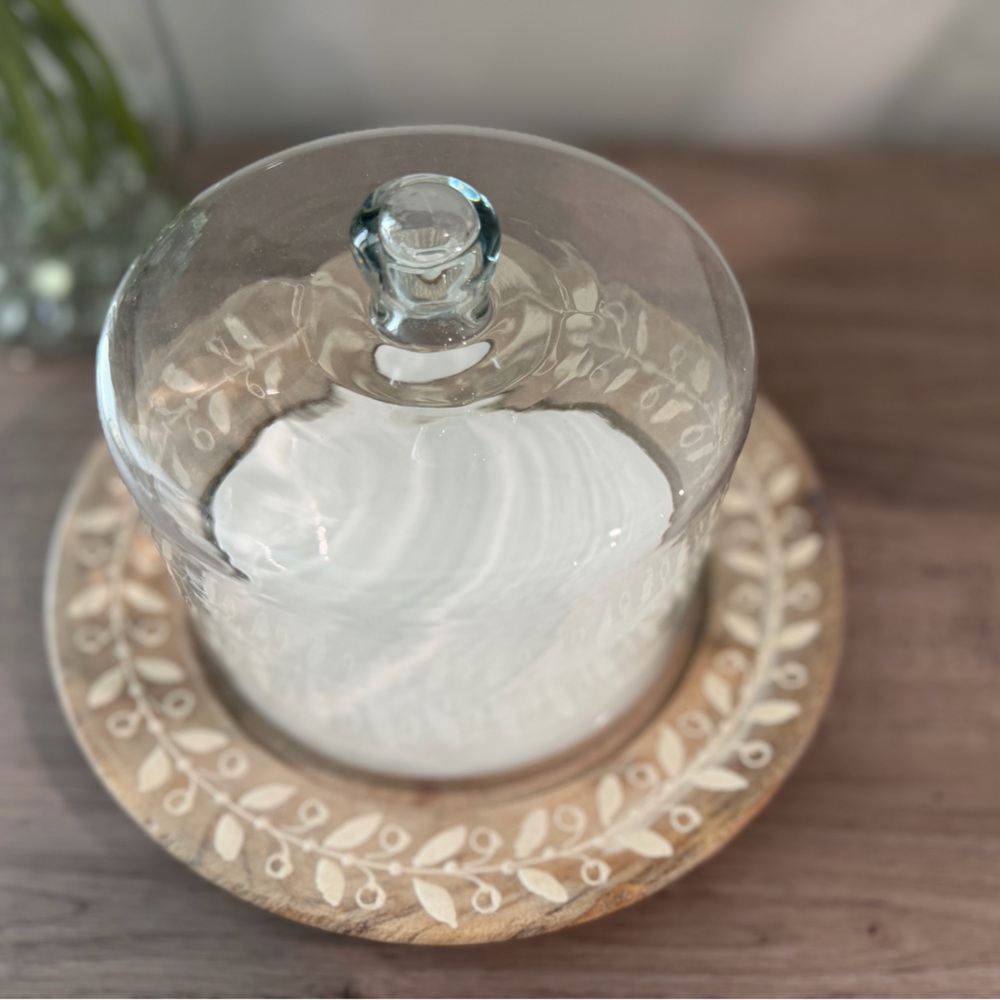 One of a Kind Glass Cloche Serving Tray with Wooden Base and Ceramic Plate - Picture 2 of 8